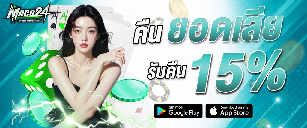 แบนเนอร์โปรโมชั่น MACO24 คืนยอดเสีย 15% พร้อมภาพผู้หญิง ลูกเต๋า ไพ่ และเหรียญคาสิโน เหมาะสำหรับใช้โปรโมตโปรโมชั่นของเว็บ maco24