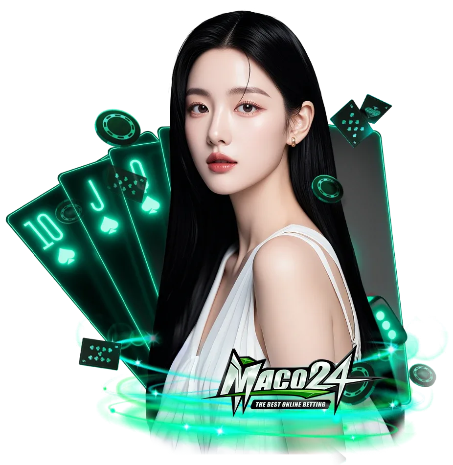 ภาพโปรโมต MACO24 พร้อมผู้หญิงและองค์ประกอบไพ่ ลูกเต๋า และชิปคาสิโนโทนสีเขียว เหมาะสำหรับใช้ประกอบหน้าเว็บคาสิโนออนไลน์ maco24