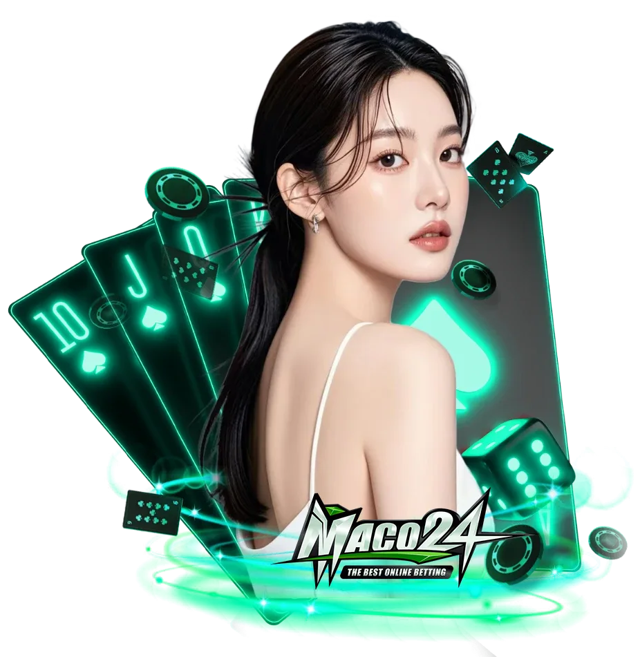 ภาพโปรโมต MACO24 พร้อมผู้หญิงและองค์ประกอบไพ่ ลูกเต๋า และชิปคาสิโน โทนสีเขียว เหมาะสำหรับใช้ประกอบหน้าเว็บคาสิโนออนไลน์ maco24