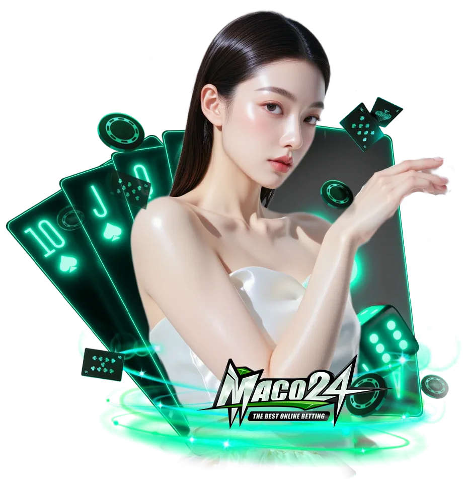 ภาพโปรโมต MACO24 พร้อมผู้หญิงและองค์ประกอบไพ่ ลูกเต๋า และชิปคาสิโน โทนสีเขียว เหมาะสำหรับใช้ประกอบหน้าเว็บคาสิโนออนไลน์ maco24